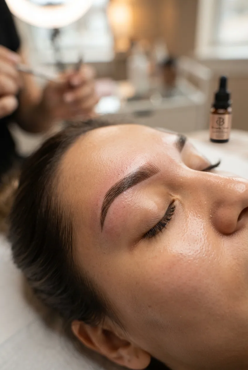Ceja recién trabajada con microblading, con los trazos pelo a pelo visibles