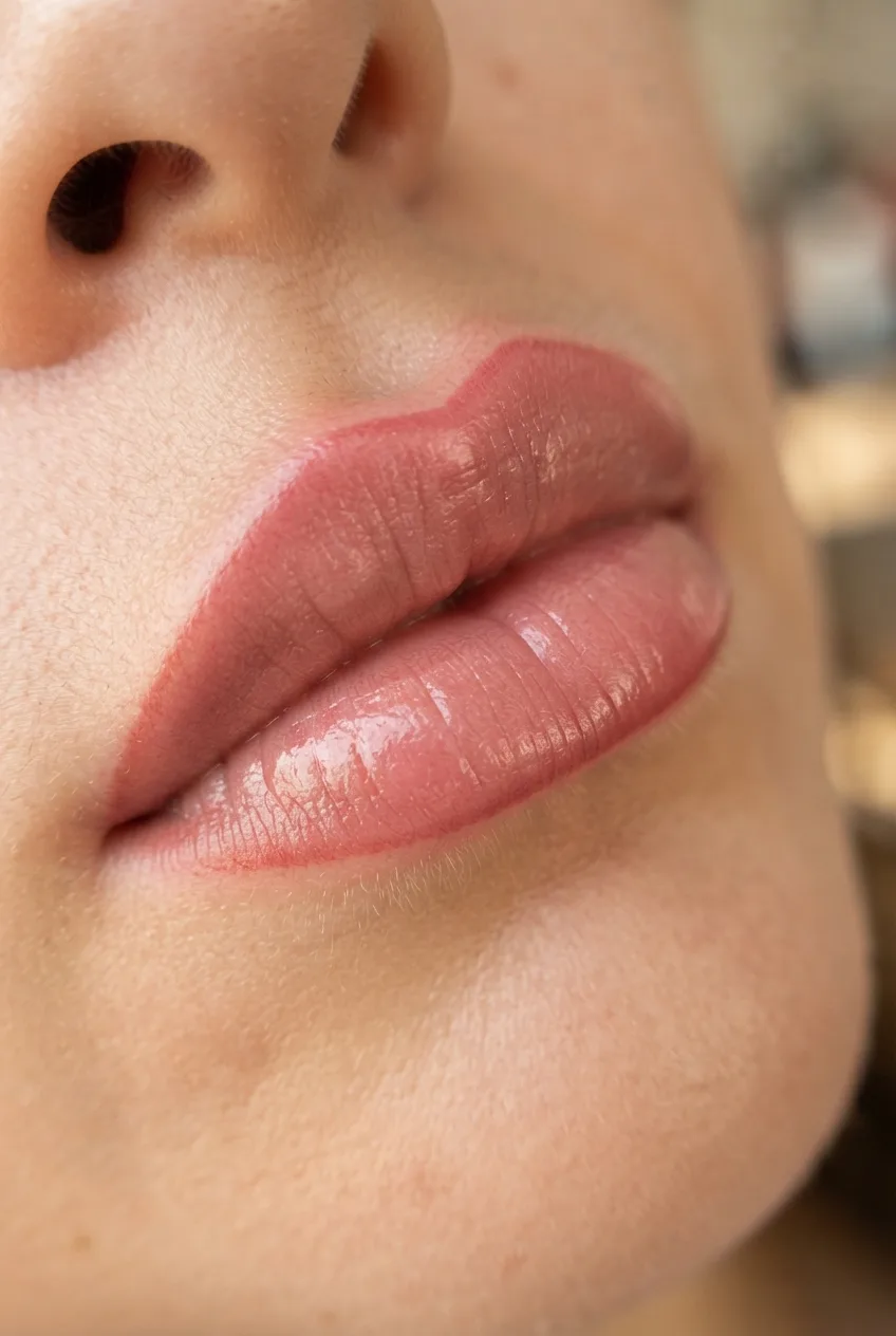 Labios micropigmentados con color uniforme y contorno definido