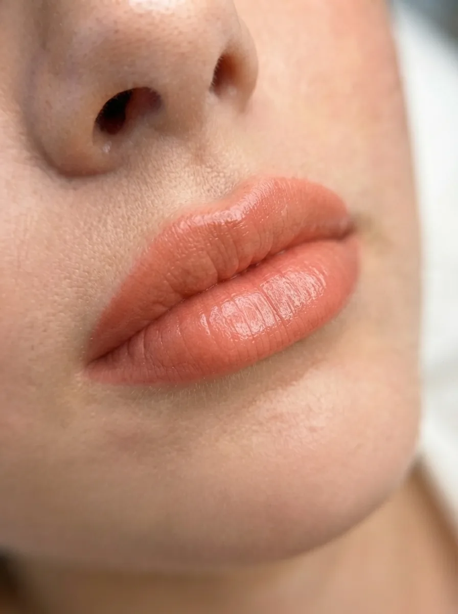 Labios con naturalización labial en tono coral, contorno definido y color parejo