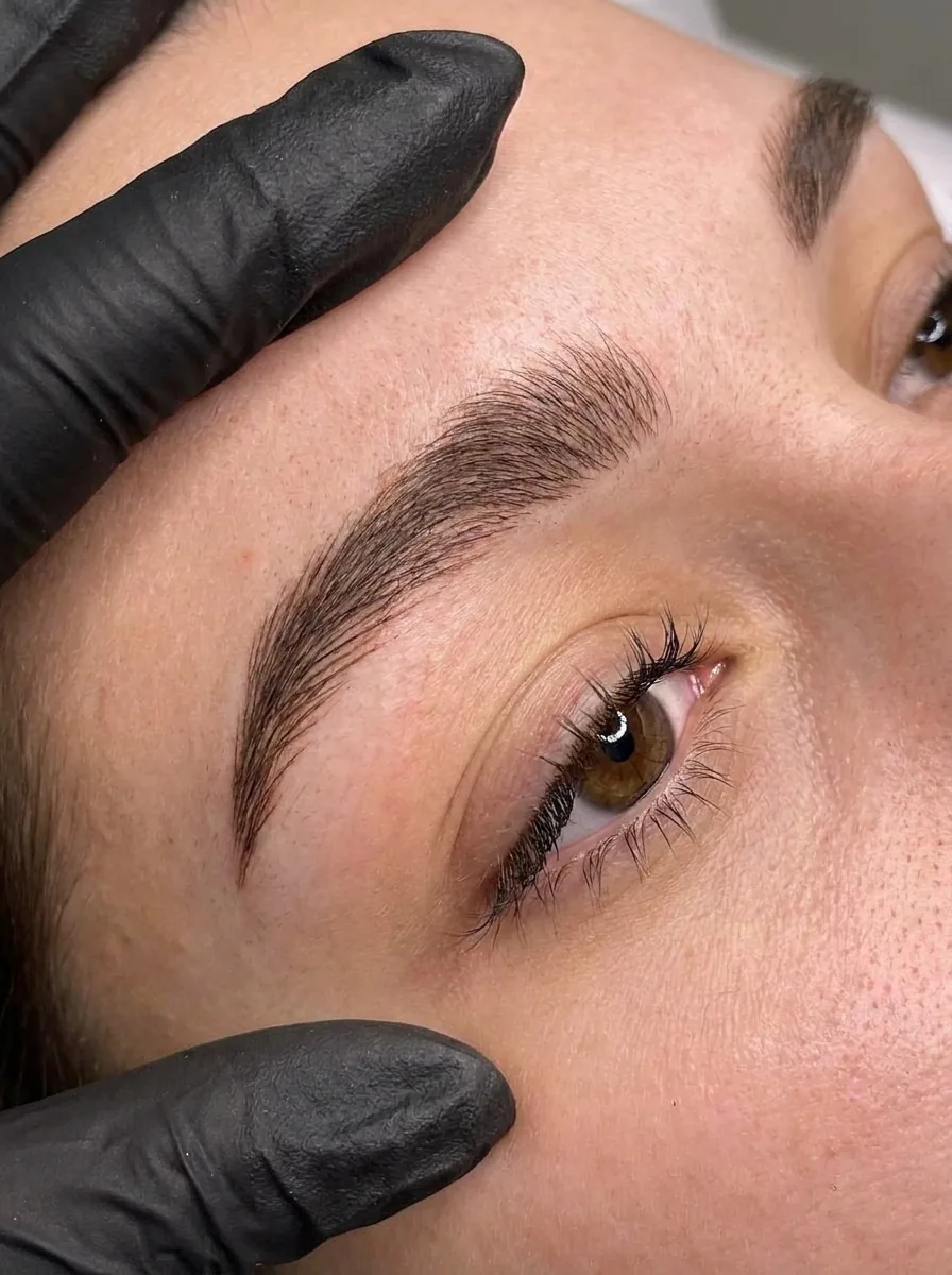 Ceja recién terminada durante la sesión de microblading, con el trazo pelo a pelo denso y definido