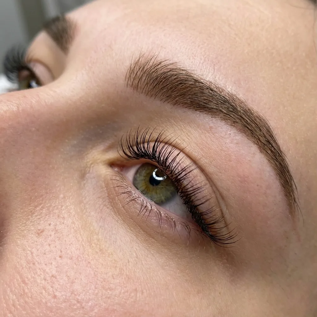 Extensiones de pestañas efecto natural, con la ceja micropigmentada y cicatrizada encima